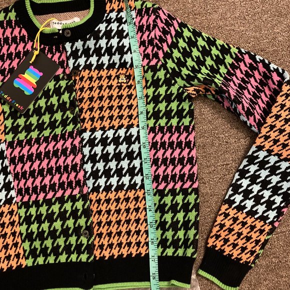NWT Teddy Fresh Neon Houndstooth Cardigan, Size XXS/XS - Picture 5 of 6